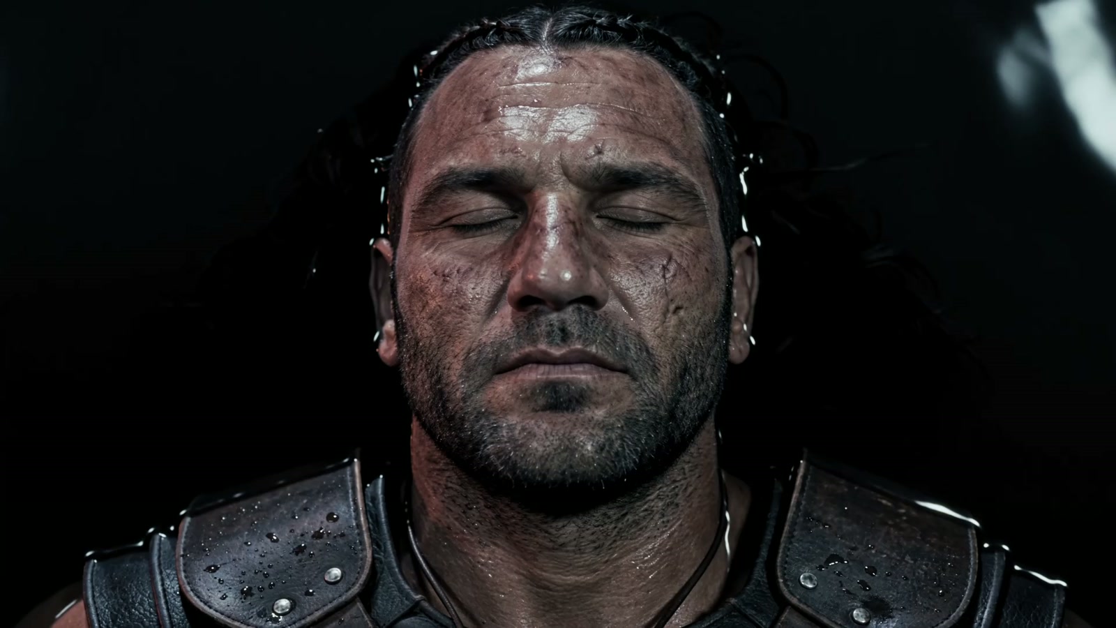 The first warrior, eyes closed, floating in dark water